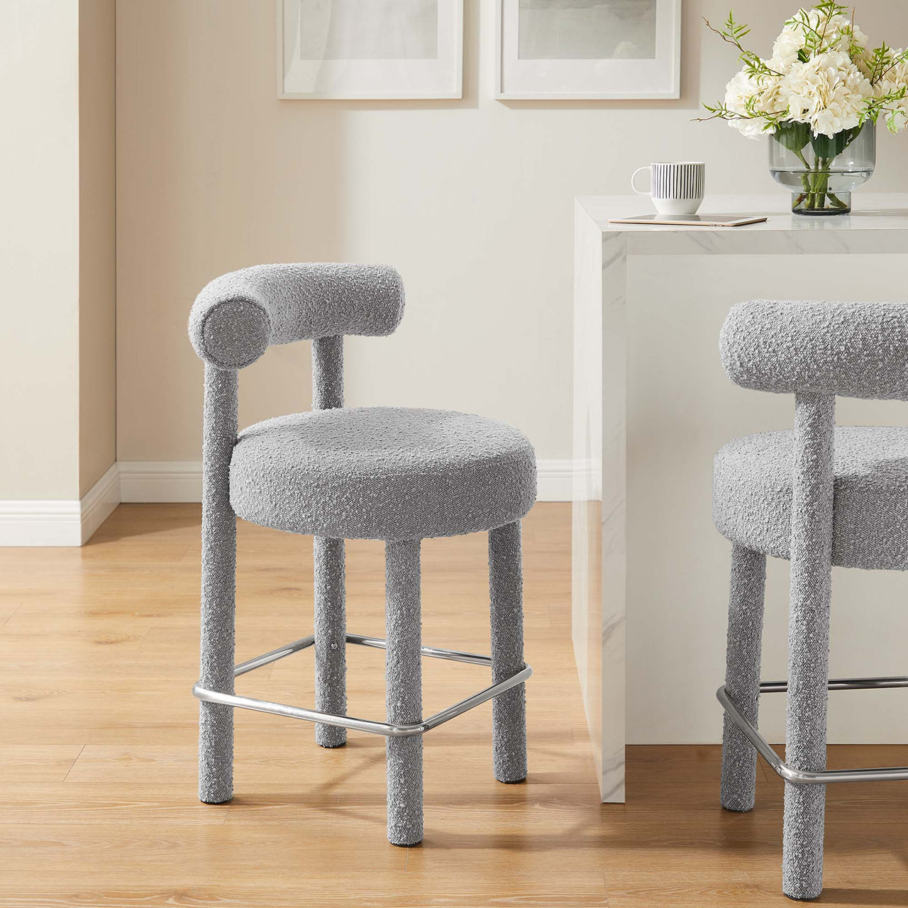 Metropole Upholstered Boucle Counter Stool, Light Gray & Silver