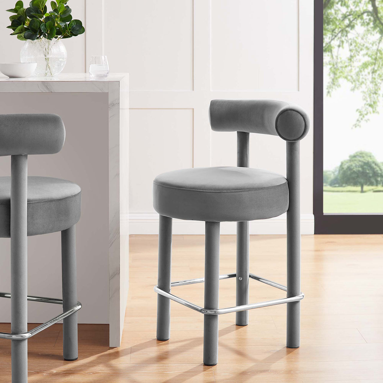 Metropole Upholstered Velvet Counter Stool, Gray & Silver