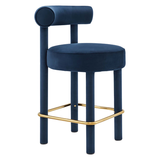 Metropole Upholstered Velvet Counter Stool, Dark Blue & Gold