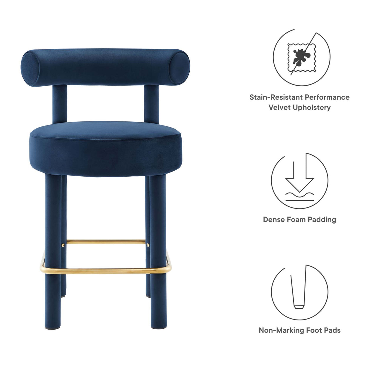 Metropole Upholstered Velvet Counter Stool, Dark Blue & Gold