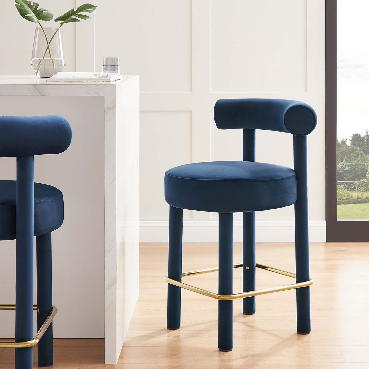 Metropole Upholstered Velvet Counter Stool, Dark Blue & Gold