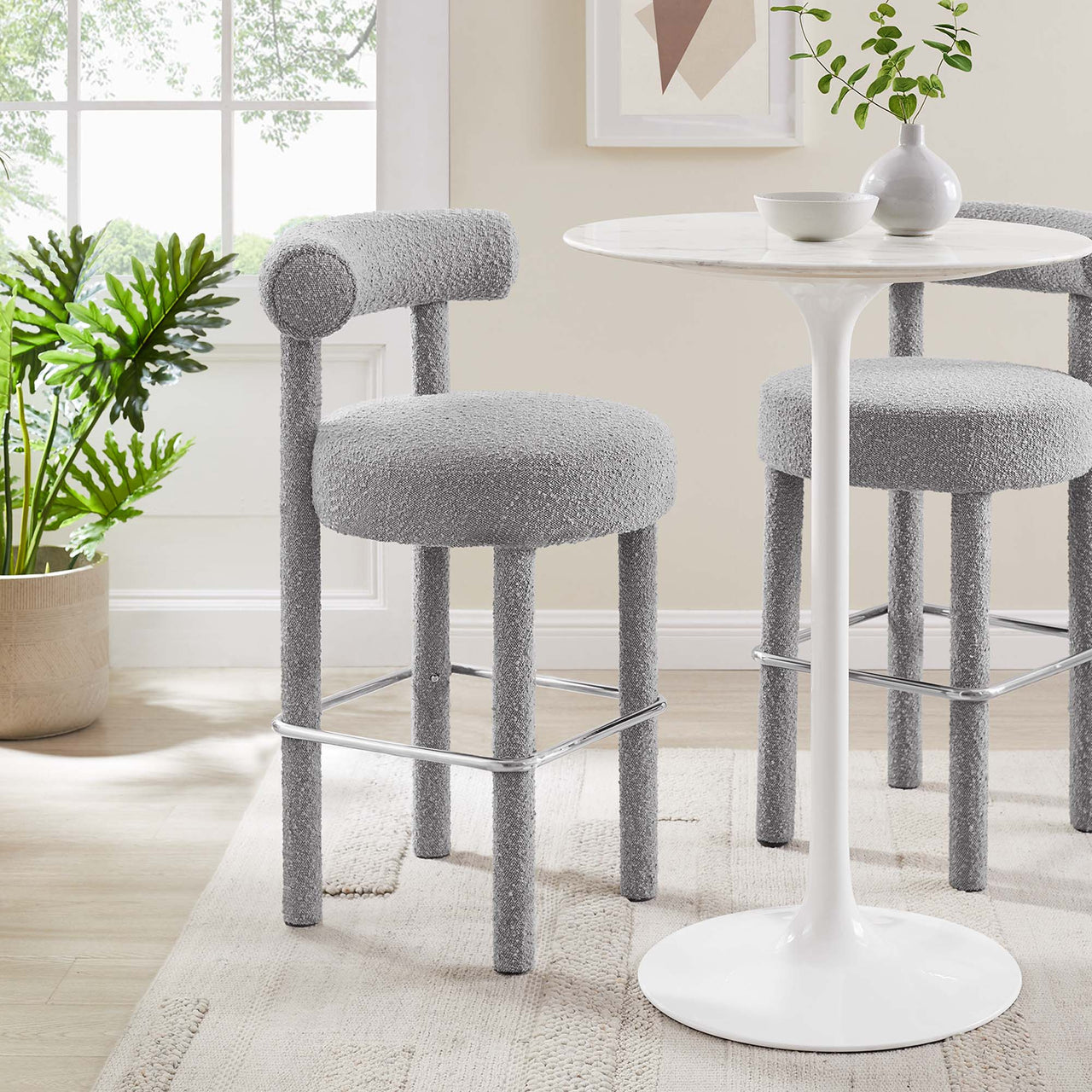 Toulouse Boucle Fabric Bar Stool, Light Gray & Silver
