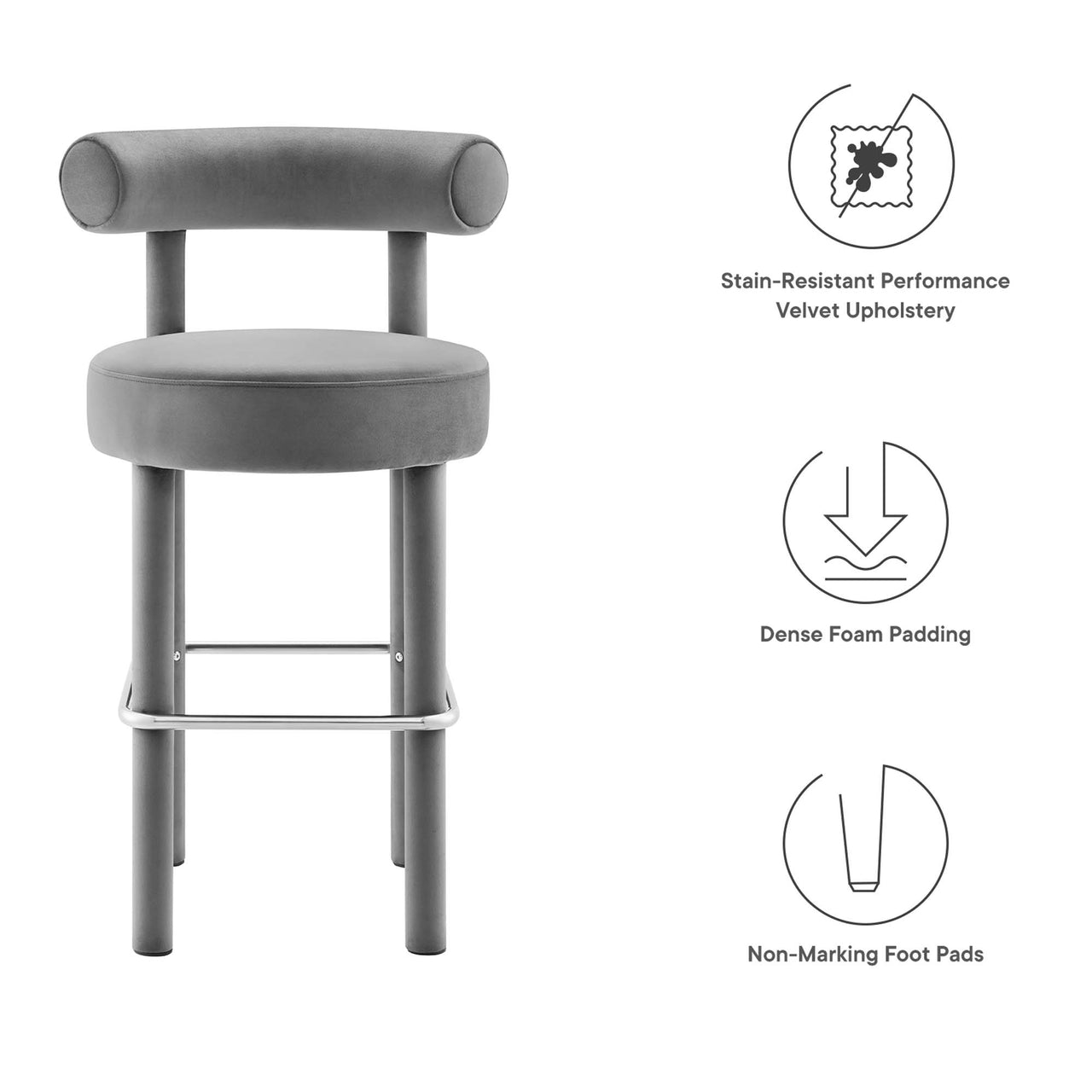 Metropole Upholstered Velvet Bar Stool, Gray & Silver