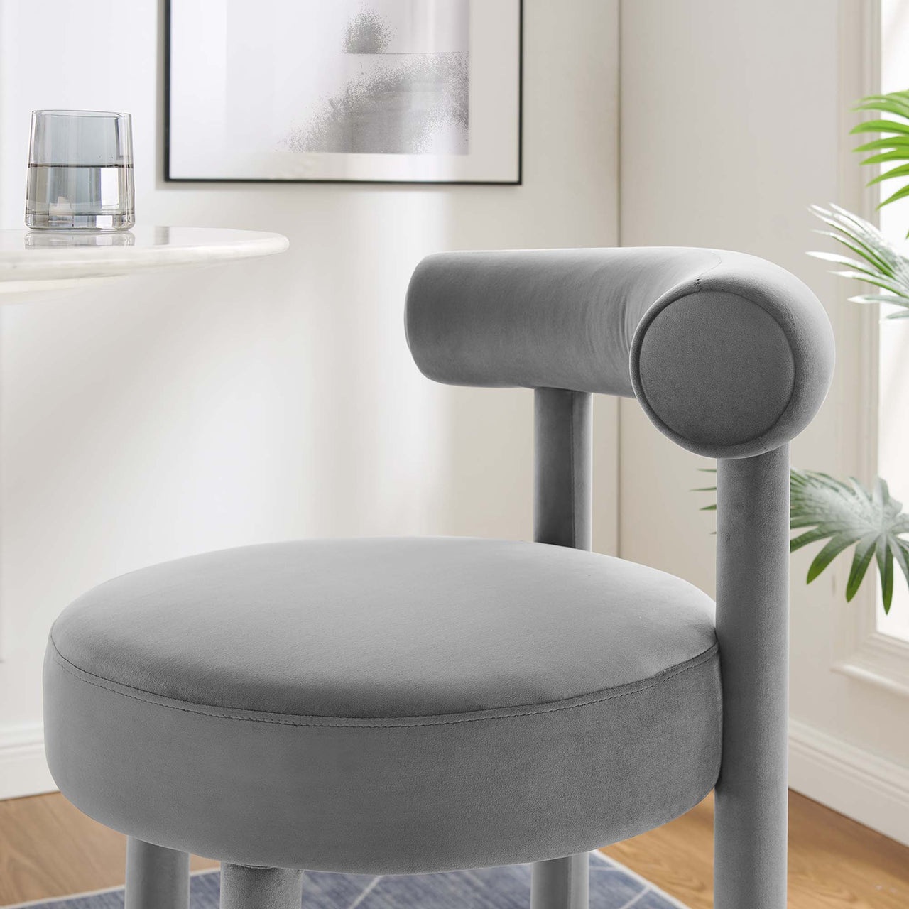 Metropole Upholstered Velvet Bar Stool, Gray & Silver