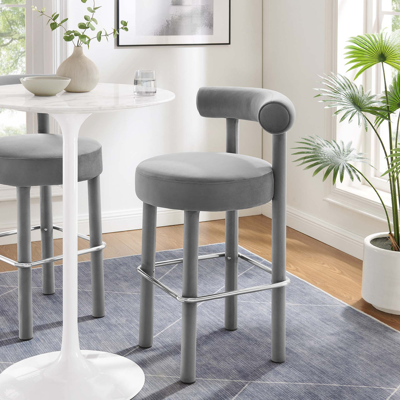 Metropole Upholstered Velvet Bar Stool, Gray & Silver