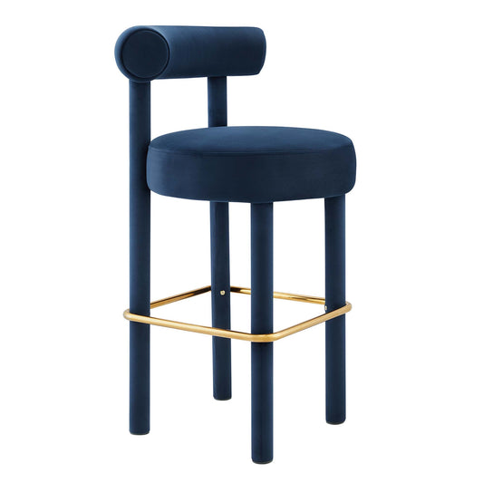 Metropole Upholstered Velvet Bar Stool, Dark Blue & Gold