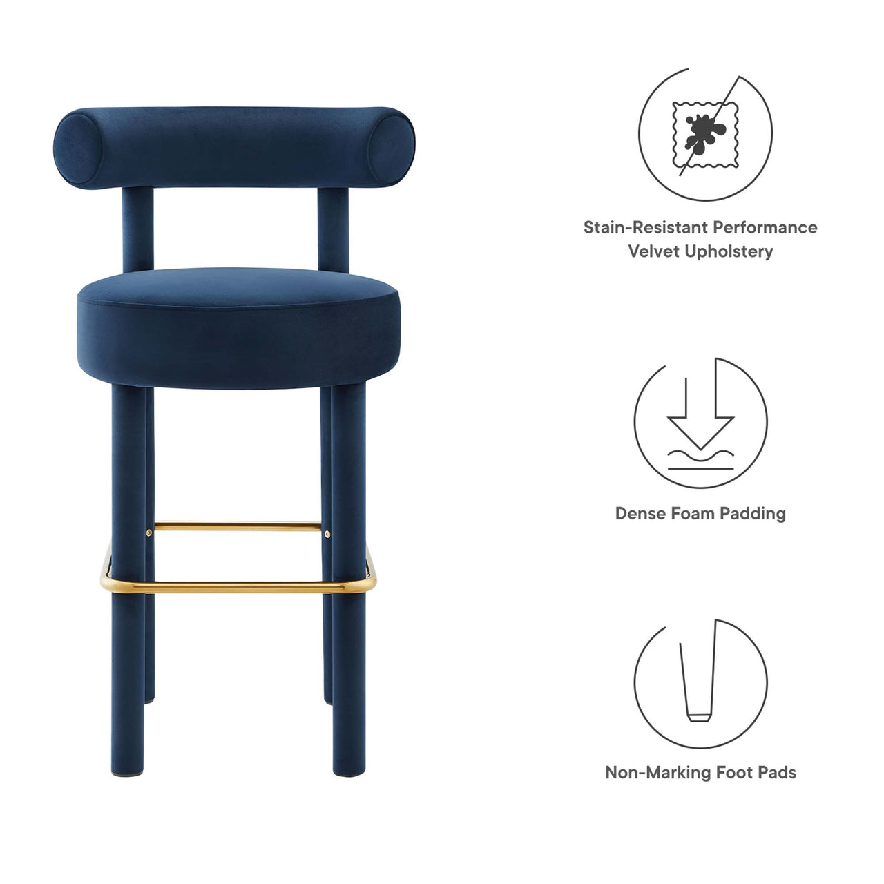 Metropole Upholstered Velvet Bar Stool, Dark Blue & Gold