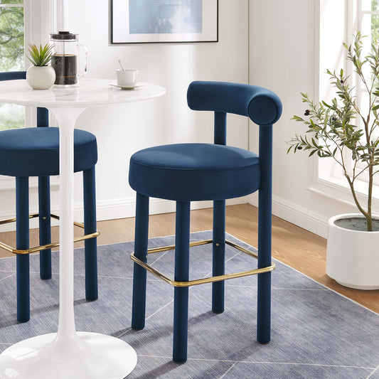 Metropole Upholstered Velvet Bar Stool, Dark Blue & Gold
