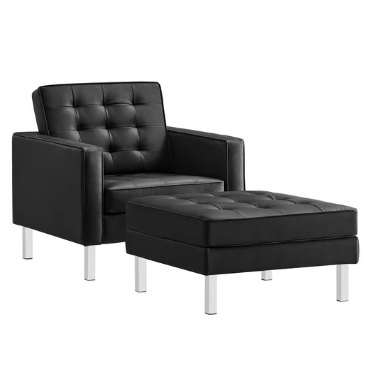 Luma Upholstered Faux Leather Armchair & Ottoman Set Silver & Black