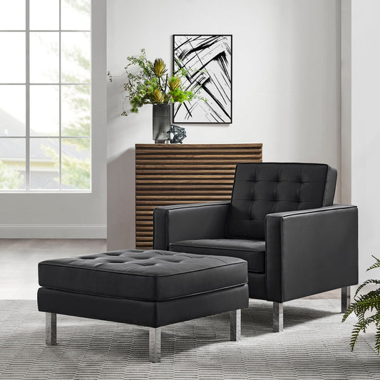 Luma Upholstered Faux Leather Armchair & Ottoman Set Silver & Black
