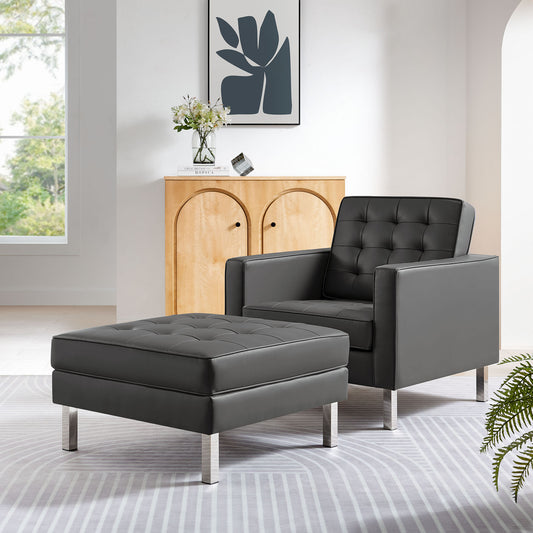 Luma Upholstered Faux Leather Armchair & Ottoman Set Silver & Gray