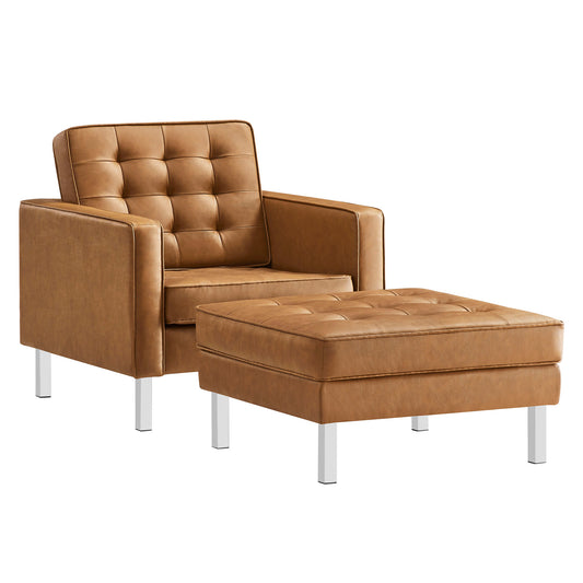 Luma Upholstered Faux Leather Armchair & Ottoman Set Silver & Tan