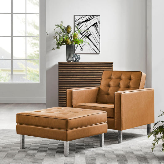 Luma Upholstered Faux Leather Armchair & Ottoman Set Silver & Tan