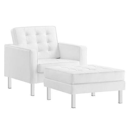Luma Upholstered Faux Leather Armchair & Ottoman Set Silver & White