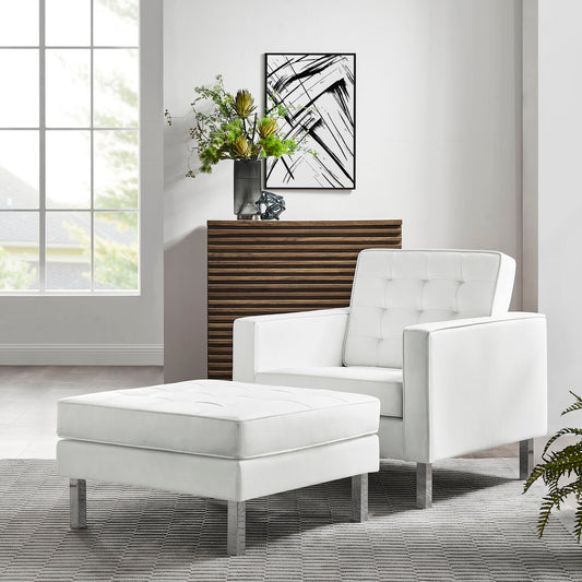 Luma Upholstered Faux Leather Armchair & Ottoman Set Silver & White