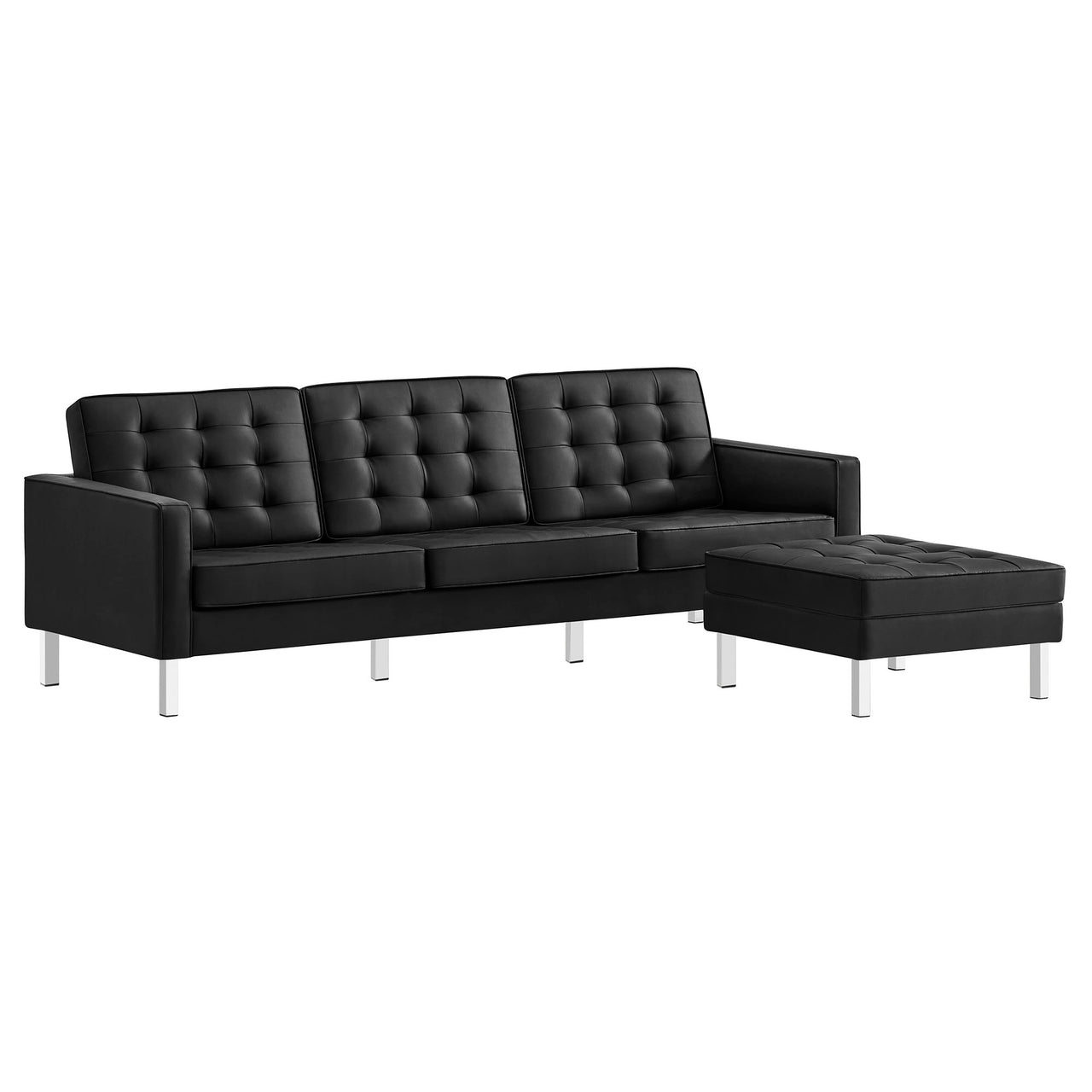 Luma Upholstered Faux Leather Sofa and Ottoman Set, Silver & Black