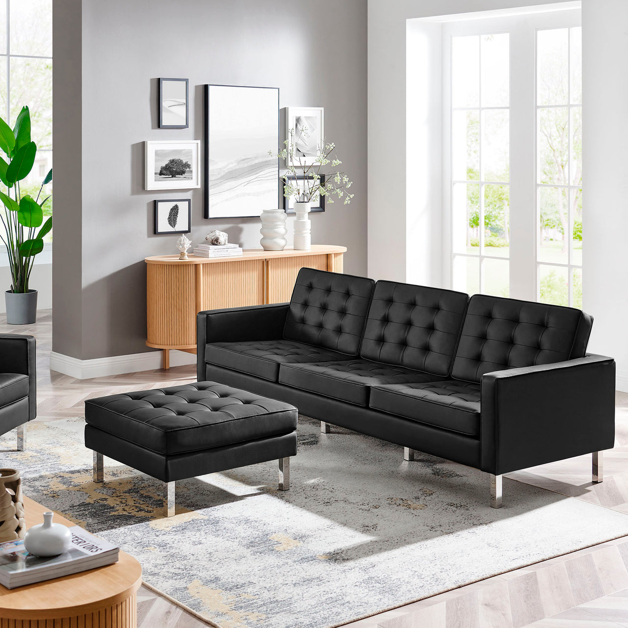 Luma Upholstered Faux Leather Sofa and Ottoman Set, Silver & Black