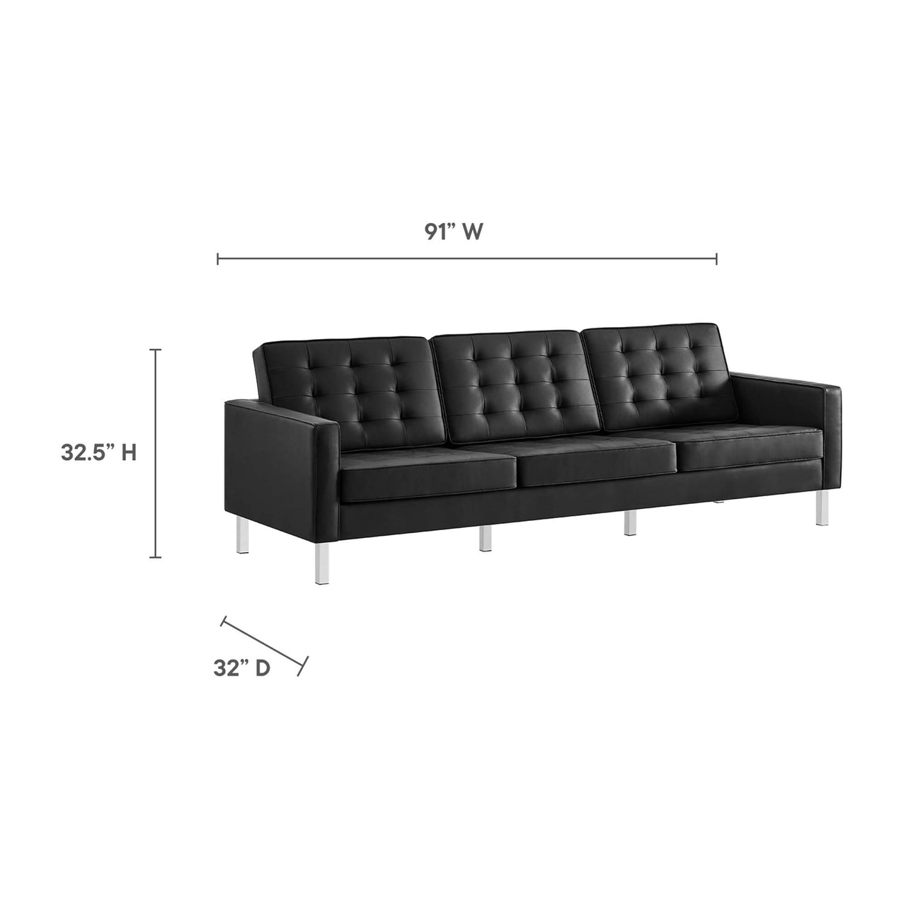 Luma Upholstered Faux Leather Sofa and Ottoman Set, Silver & Black