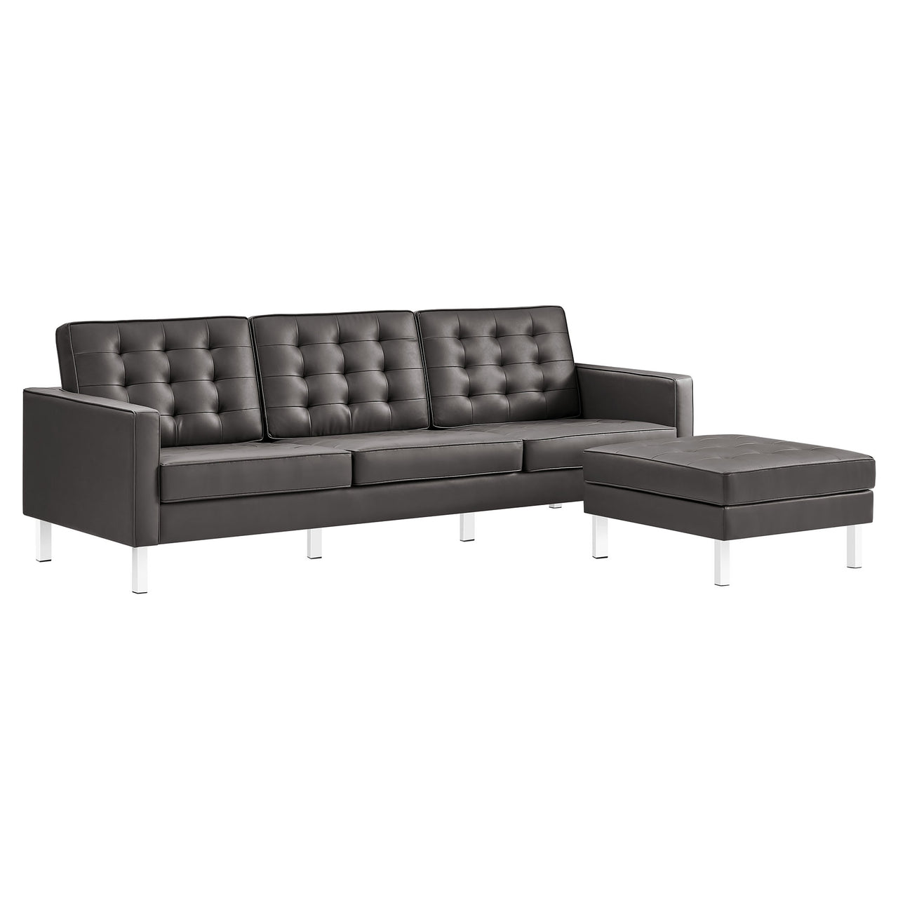 Luma Upholstered Faux Leather Sofa and Ottoman Set, Silver & Gray