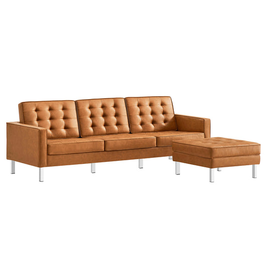 Luma Upholstered Faux Leather Sofa and Ottoman Set, Silver & Tan