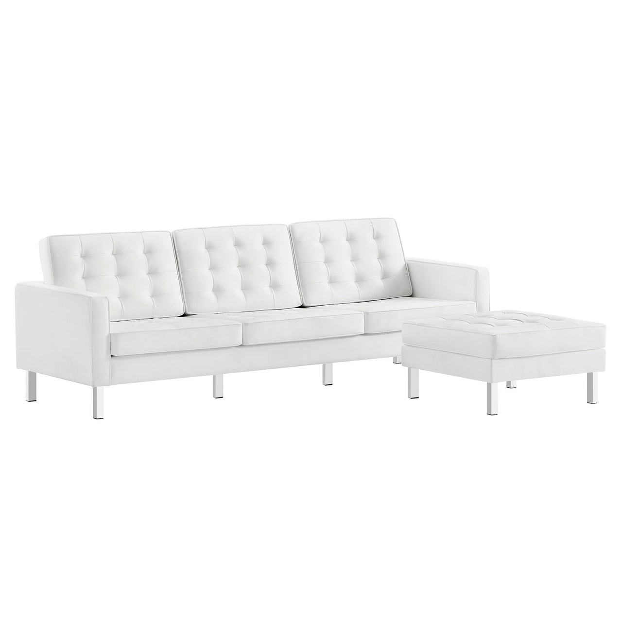 Luma Upholstered Faux Leather Sofa and Ottoman Set, Silver & White