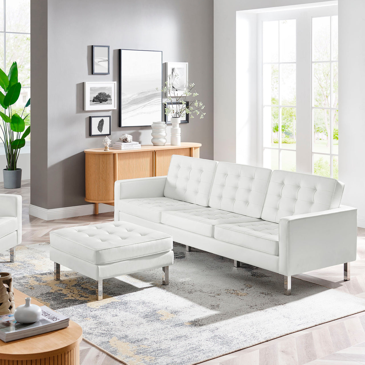 Luma Upholstered Faux Leather Sofa and Ottoman Set, Silver & White