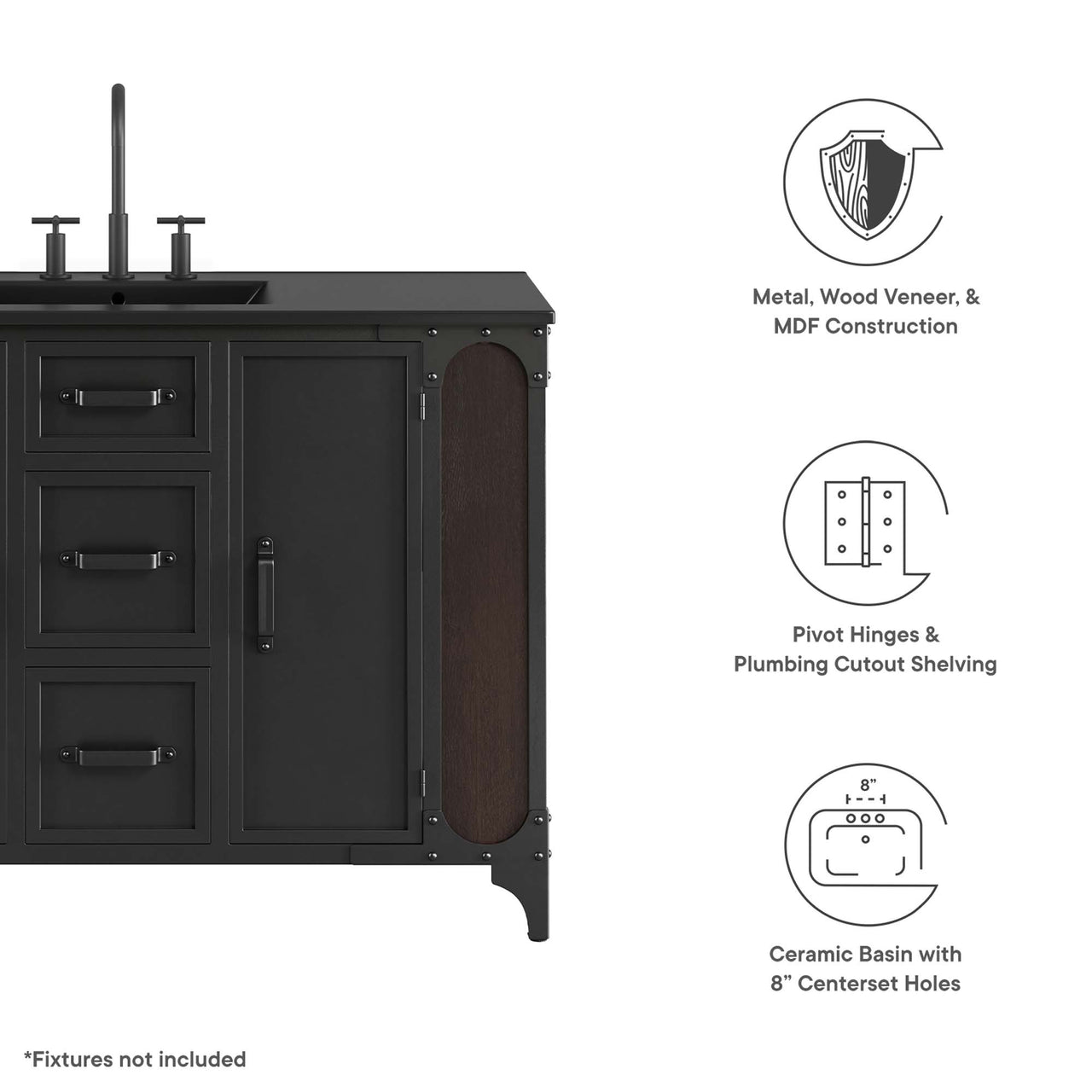 Tartaria Single Sink Vanity Unit, Extra Large, Black