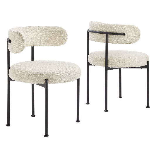Cael Boucle Dining Chair Set of 2, Ivory & Black