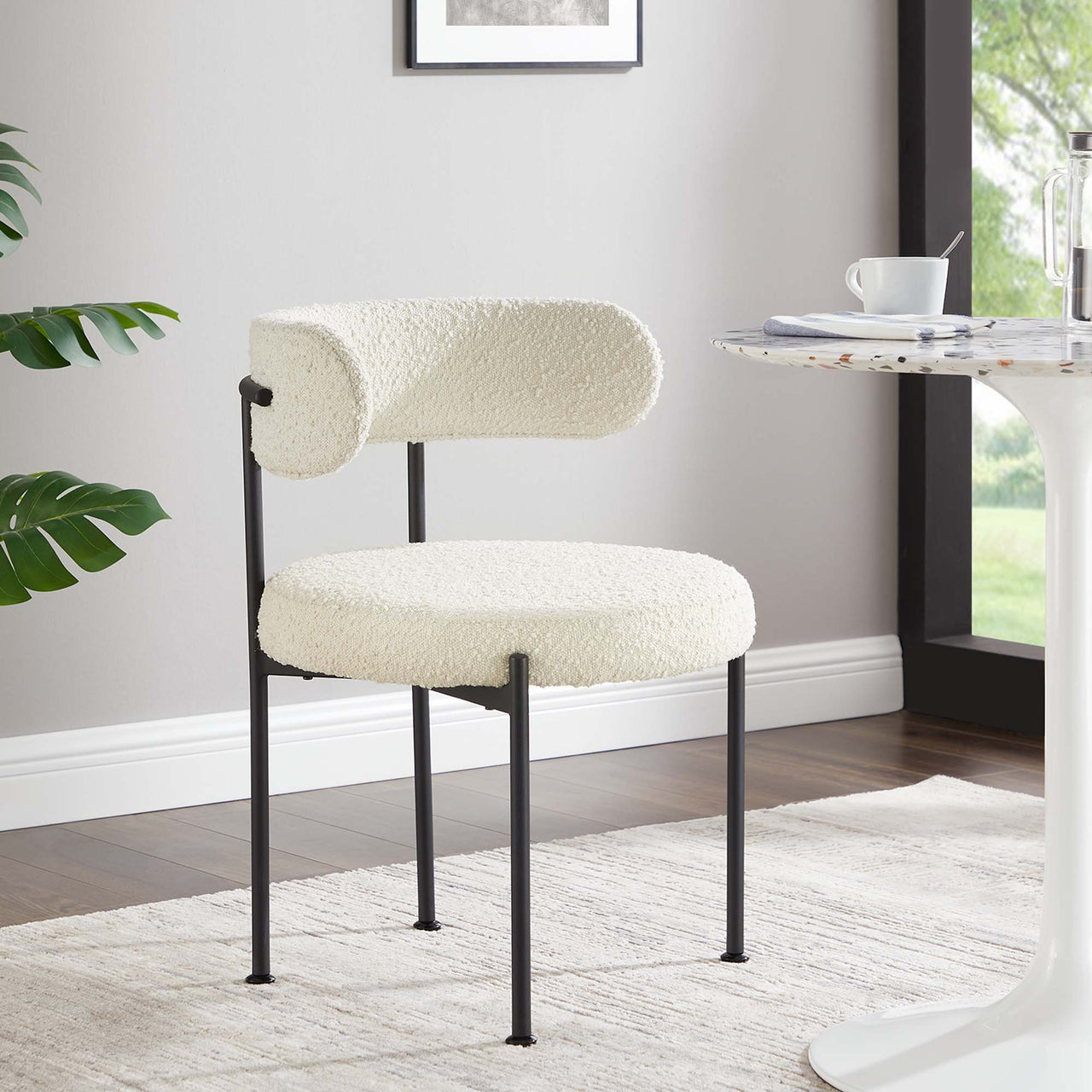 Cael Boucle Dining Chair Set of 2, Ivory & Black