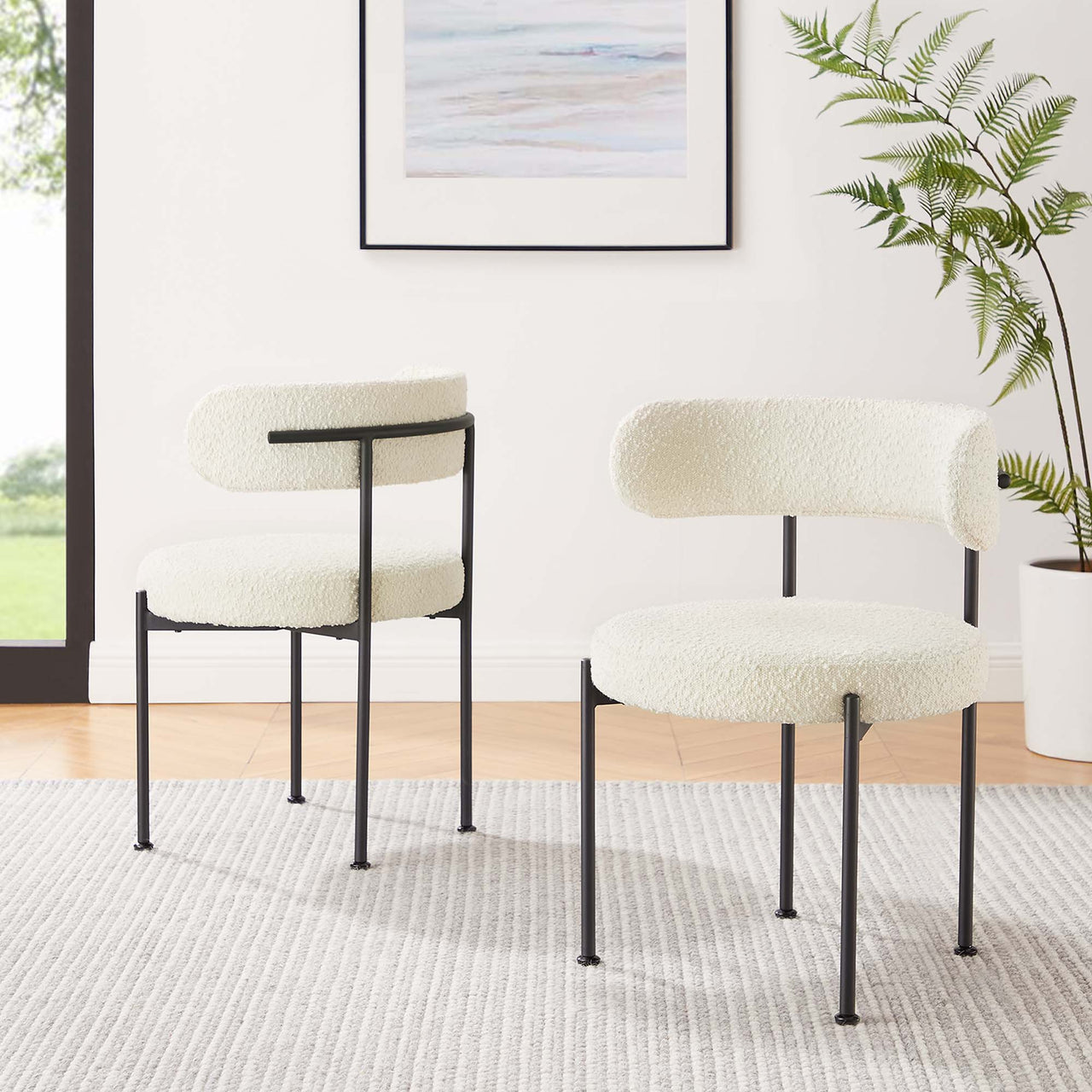 Cael Boucle Dining Chair Set of 2, Ivory & Black