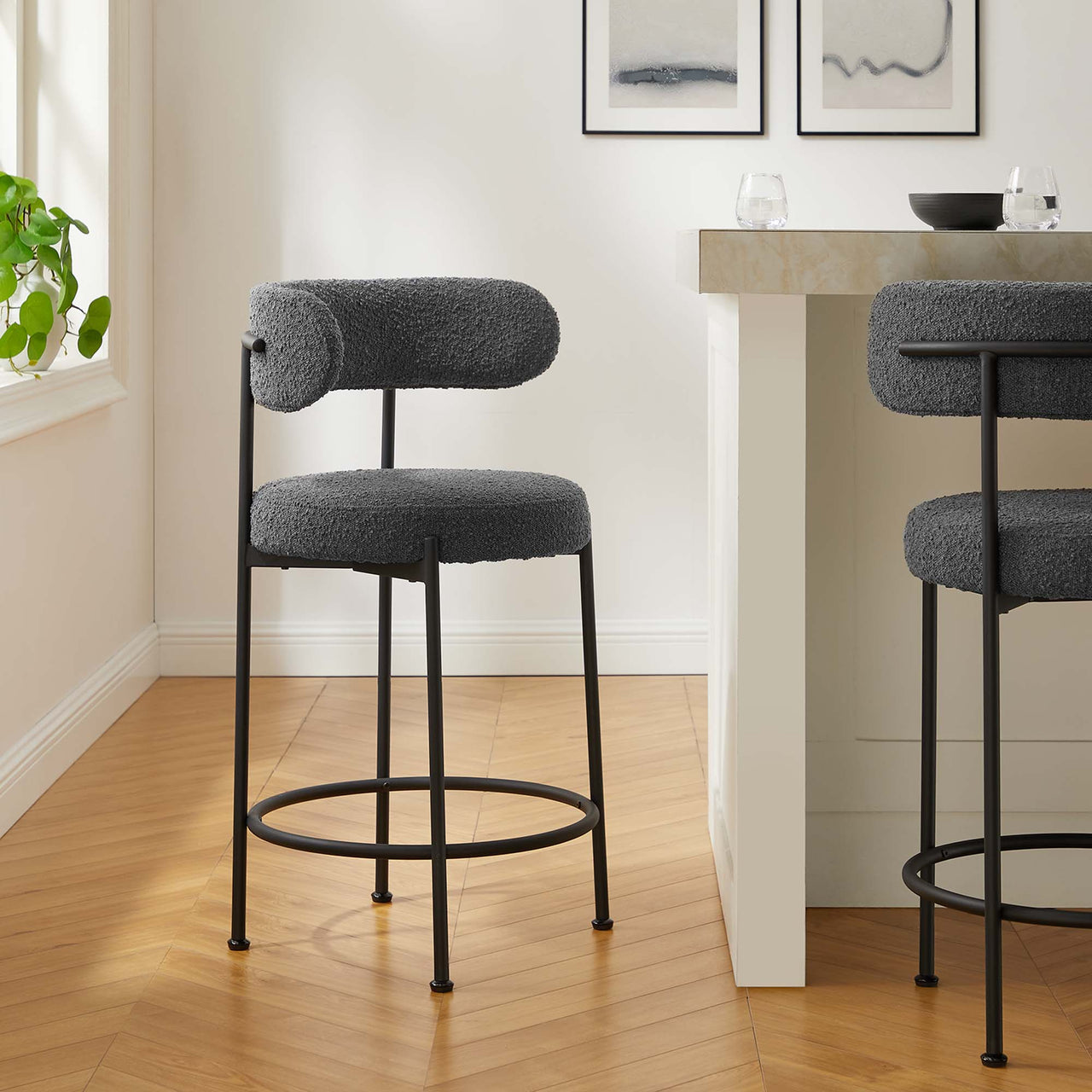 Cael Boucle Counter Stools Set of 2, Charcoal & Black