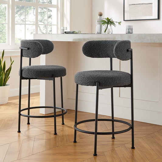 Cael Boucle Counter Stools Set of 2, Charcoal & Black