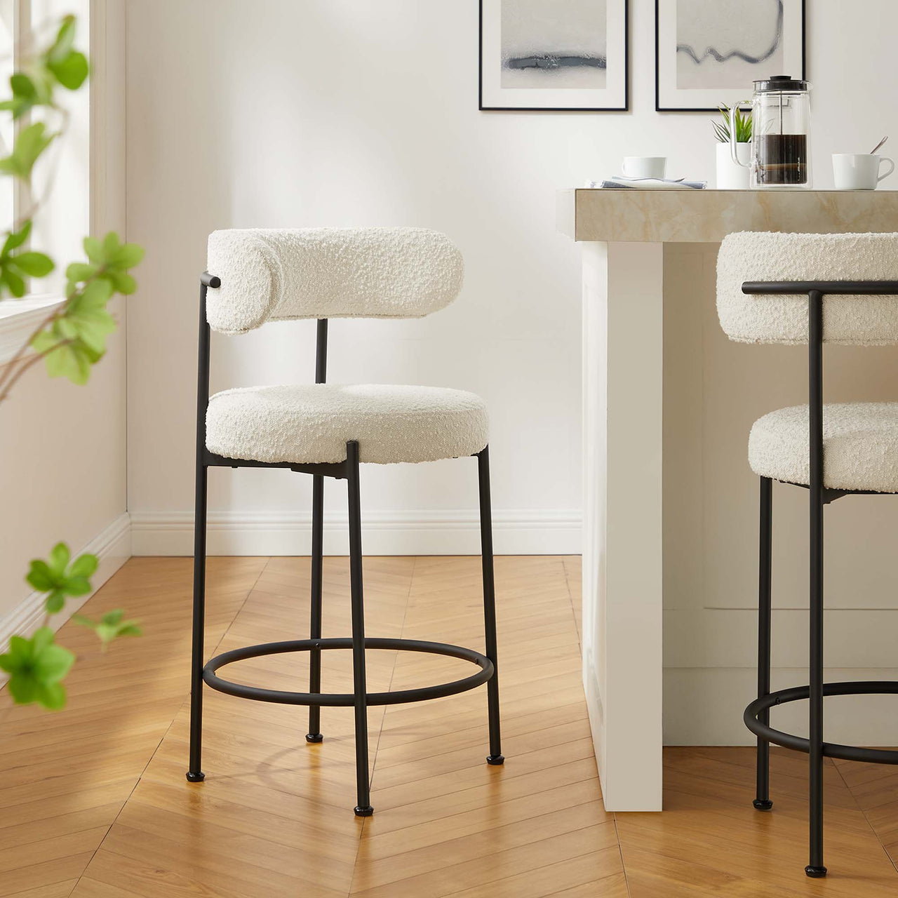 Cael Boucle Counter Stools Set of 2, Ivory & Black