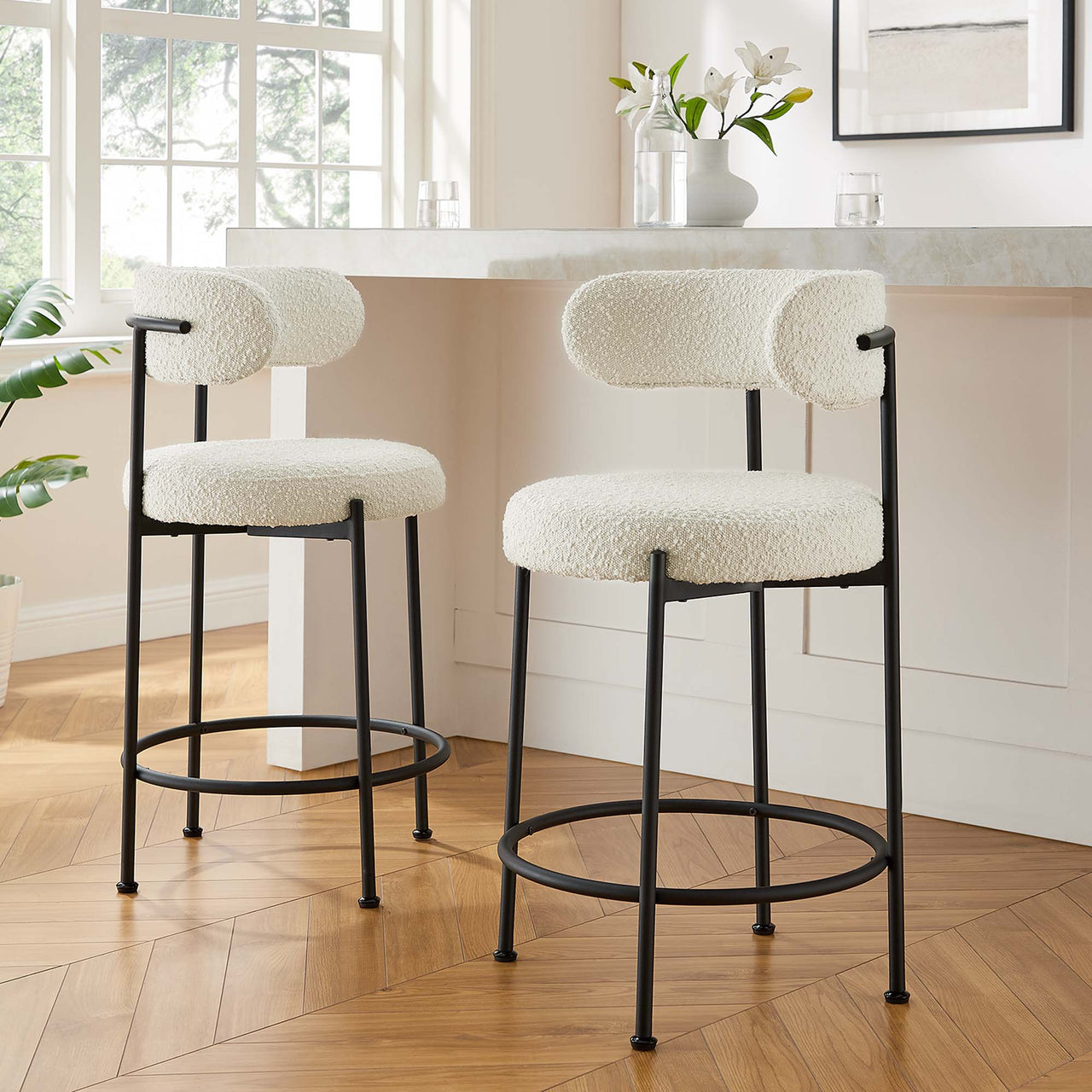 Cael Boucle Counter Stools Set of 2, Ivory & Black