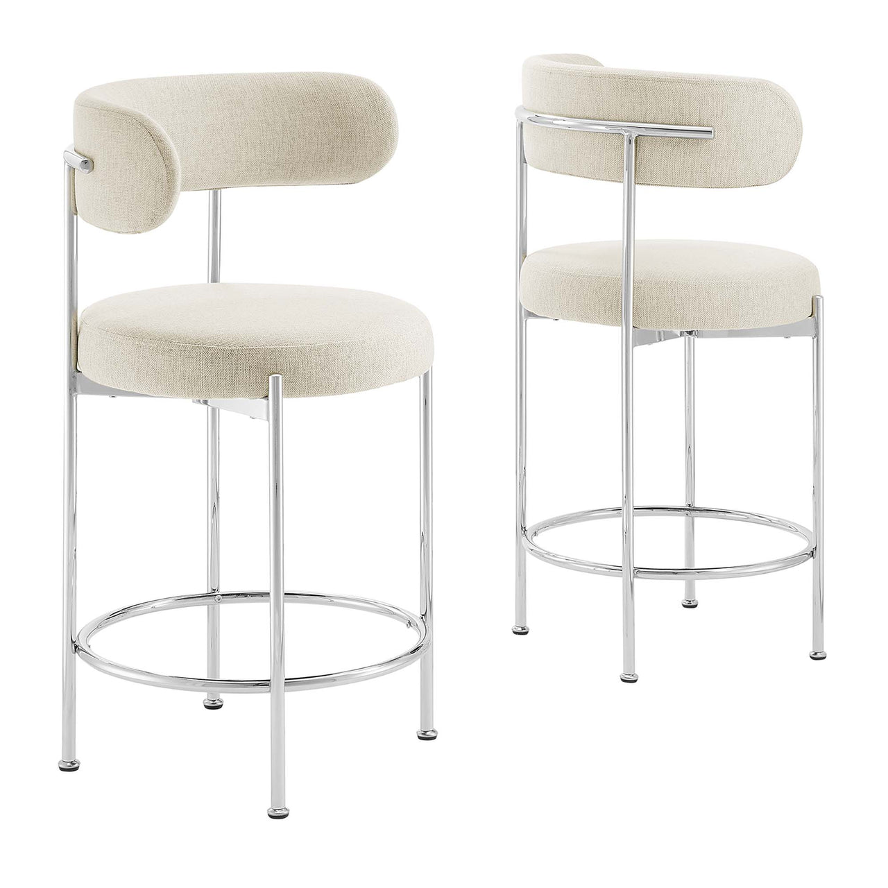 Cael Fabric Counter Stools Set of 2, Beige & Silver