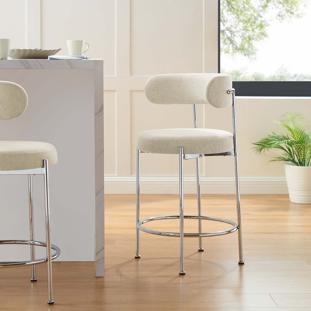 Cael Fabric Counter Stools Set of 2, Beige & Silver