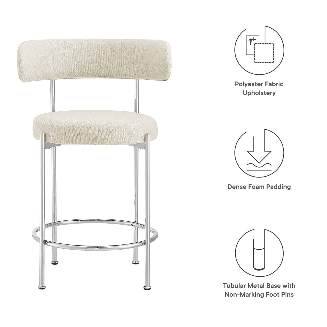 Cael Fabric Counter Stools Set of 2, Beige & Silver