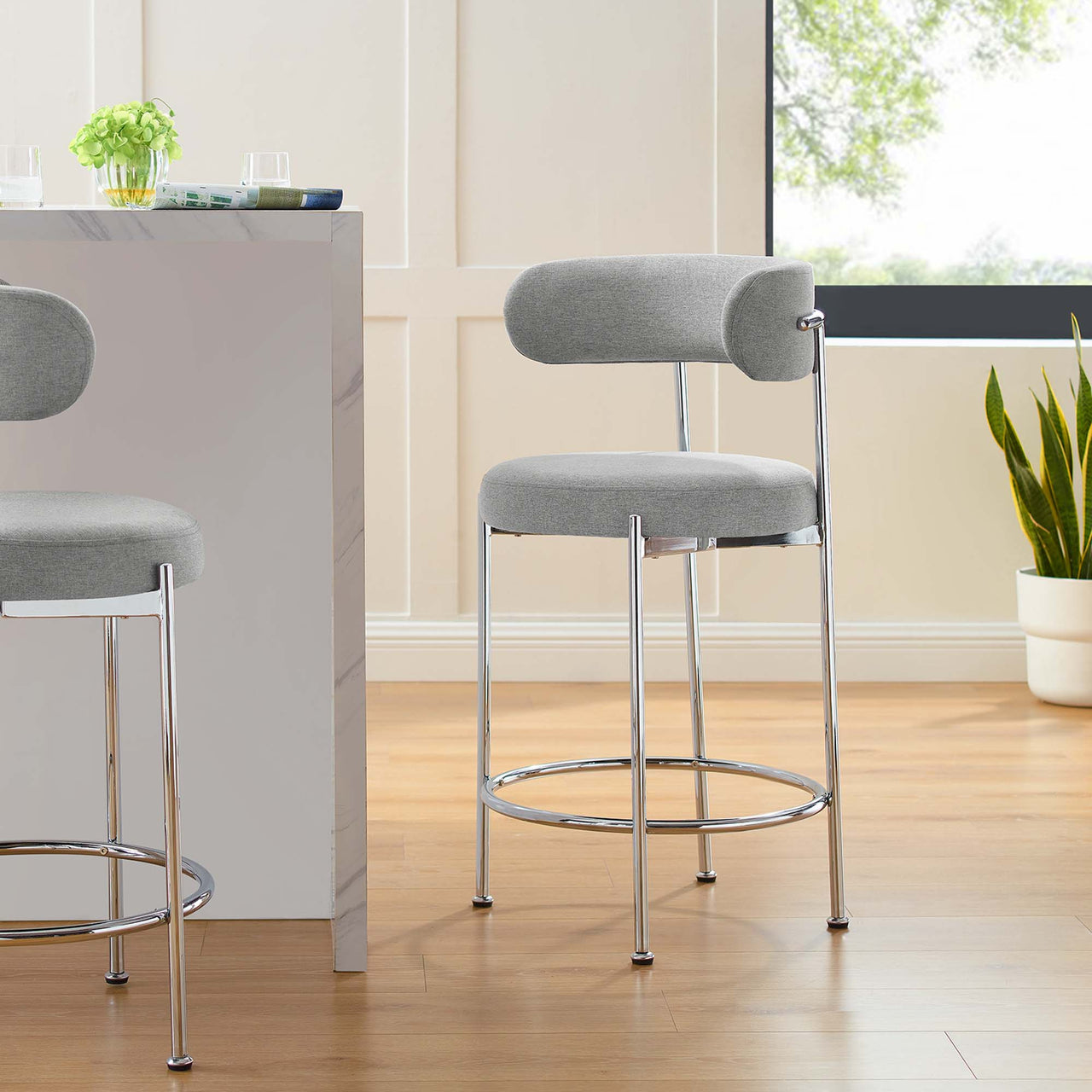 Cael Fabric Counter Stools Set of 2, Gray & Silver
