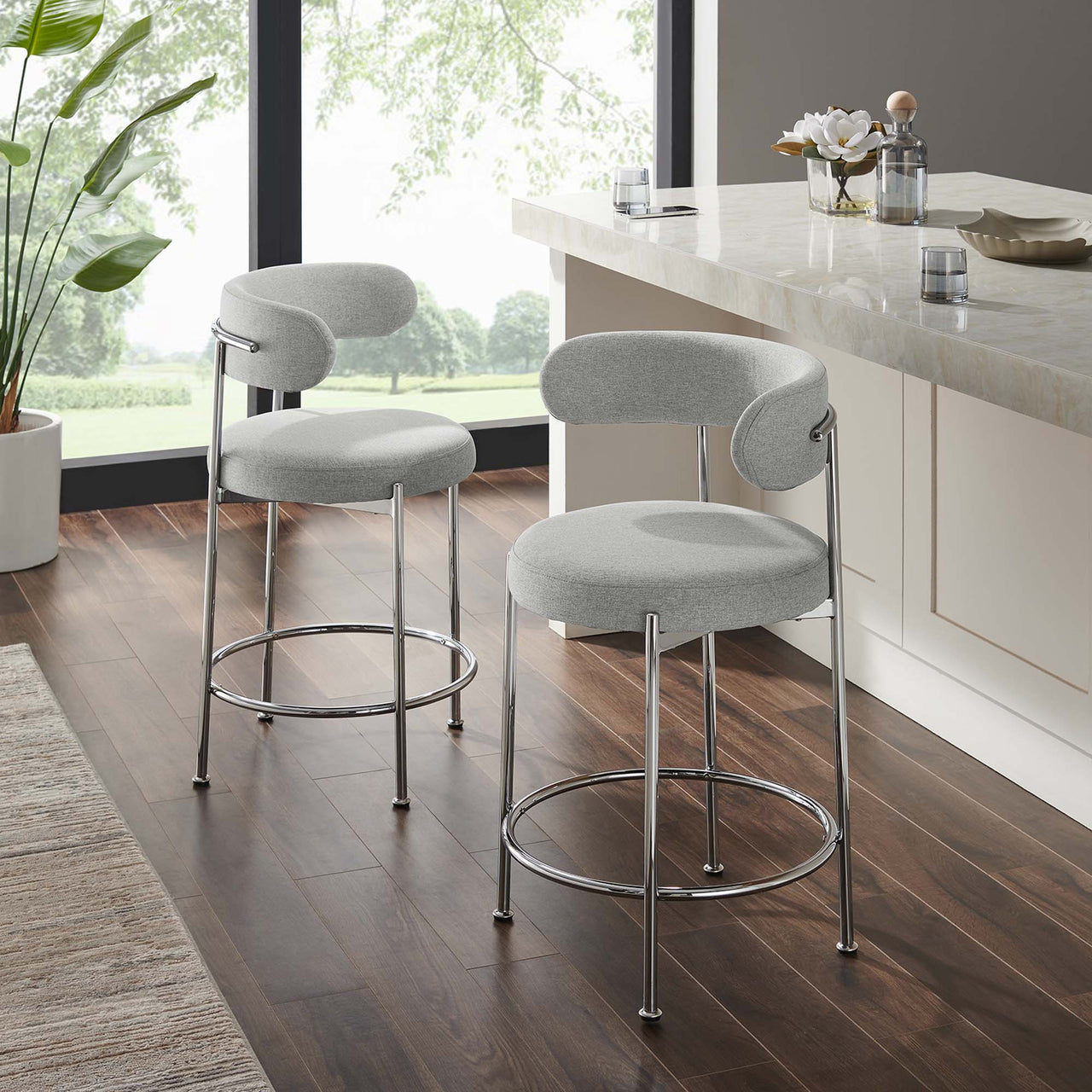 Cael Fabric Counter Stools Set of 2, Gray & Silver