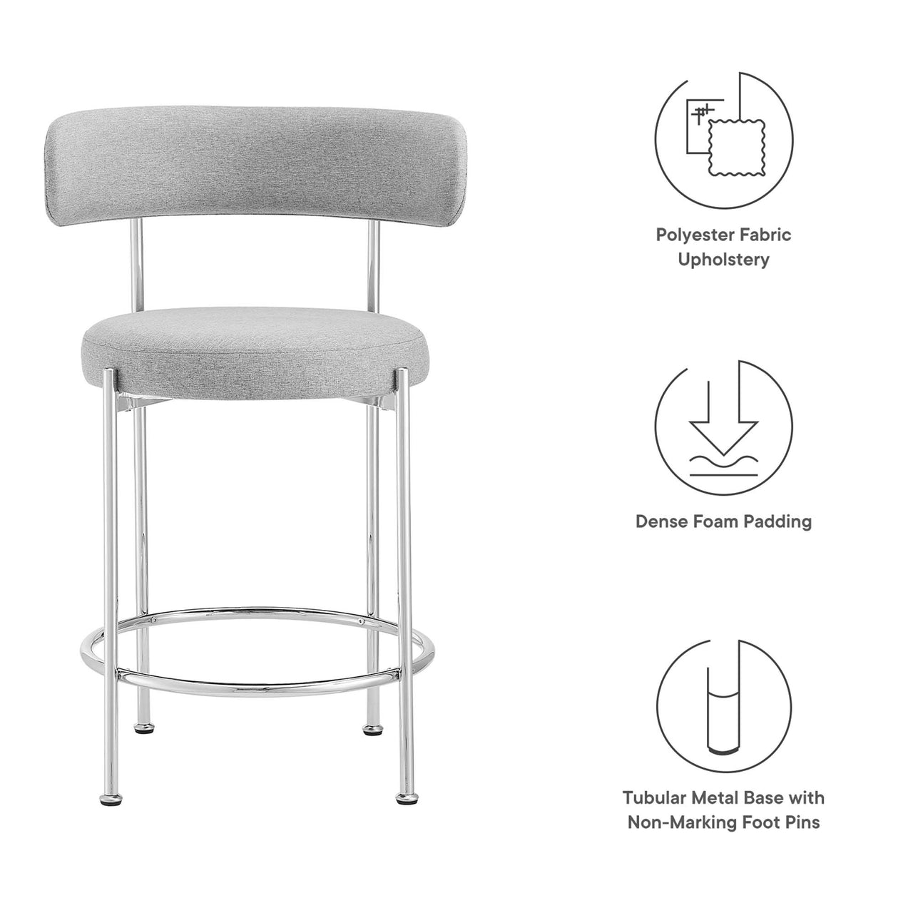 Cael Fabric Counter Stools Set of 2, Gray & Silver