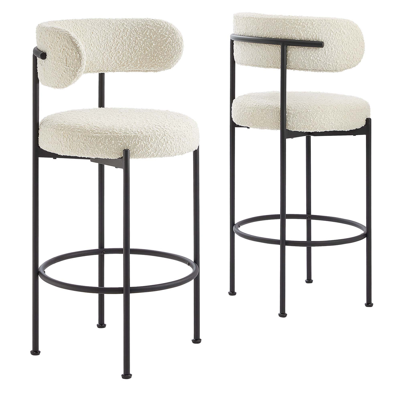Cael Boucle Bar Stools Set of 2, Ivory & Black