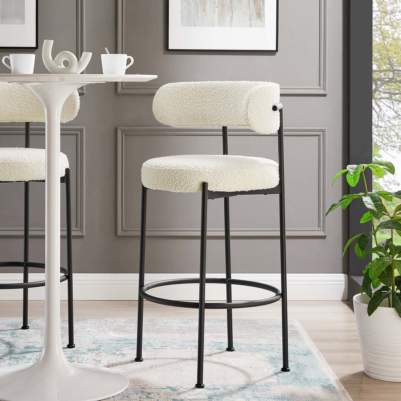 Cael Boucle Bar Stools Set of 2, Ivory & Black