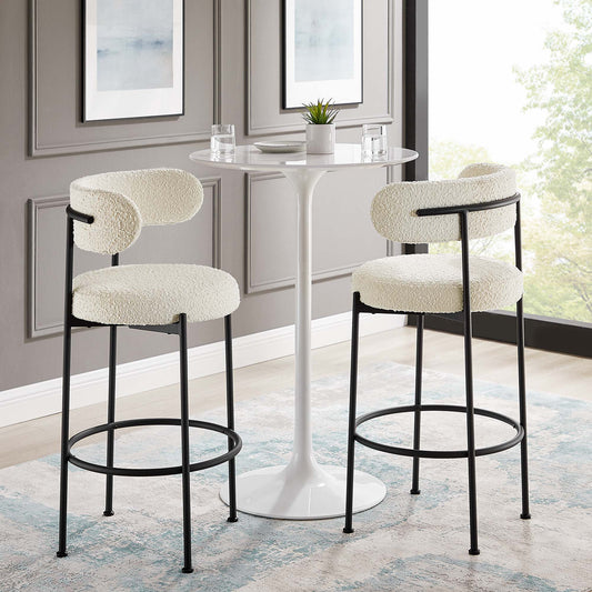 Cael Boucle Bar Stools Set of 2, Ivory & Black