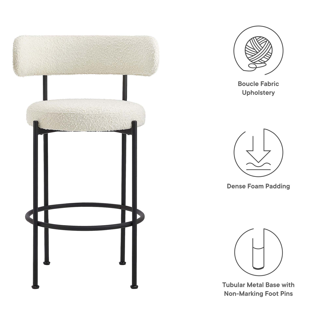 Cael Boucle Bar Stools Set of 2, Ivory & Black
