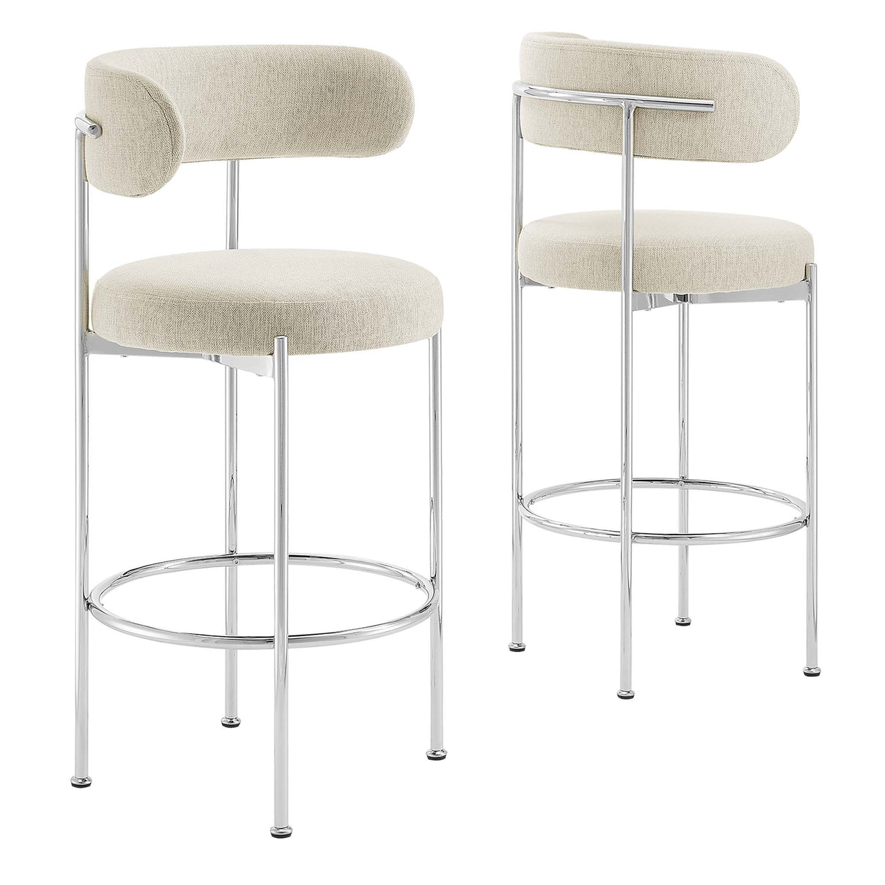 Cael Fabric Bar Stools Set of 2, Beige & Silver