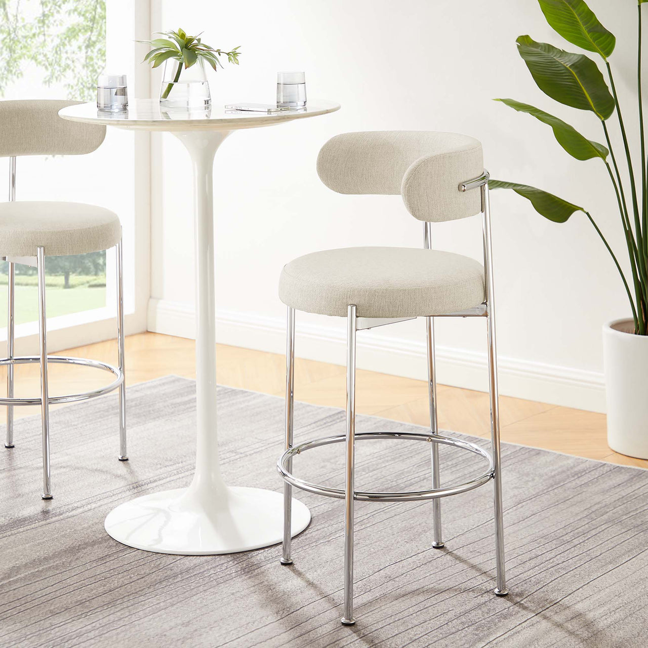 Cael Fabric Bar Stools Set of 2, Beige & Silver
