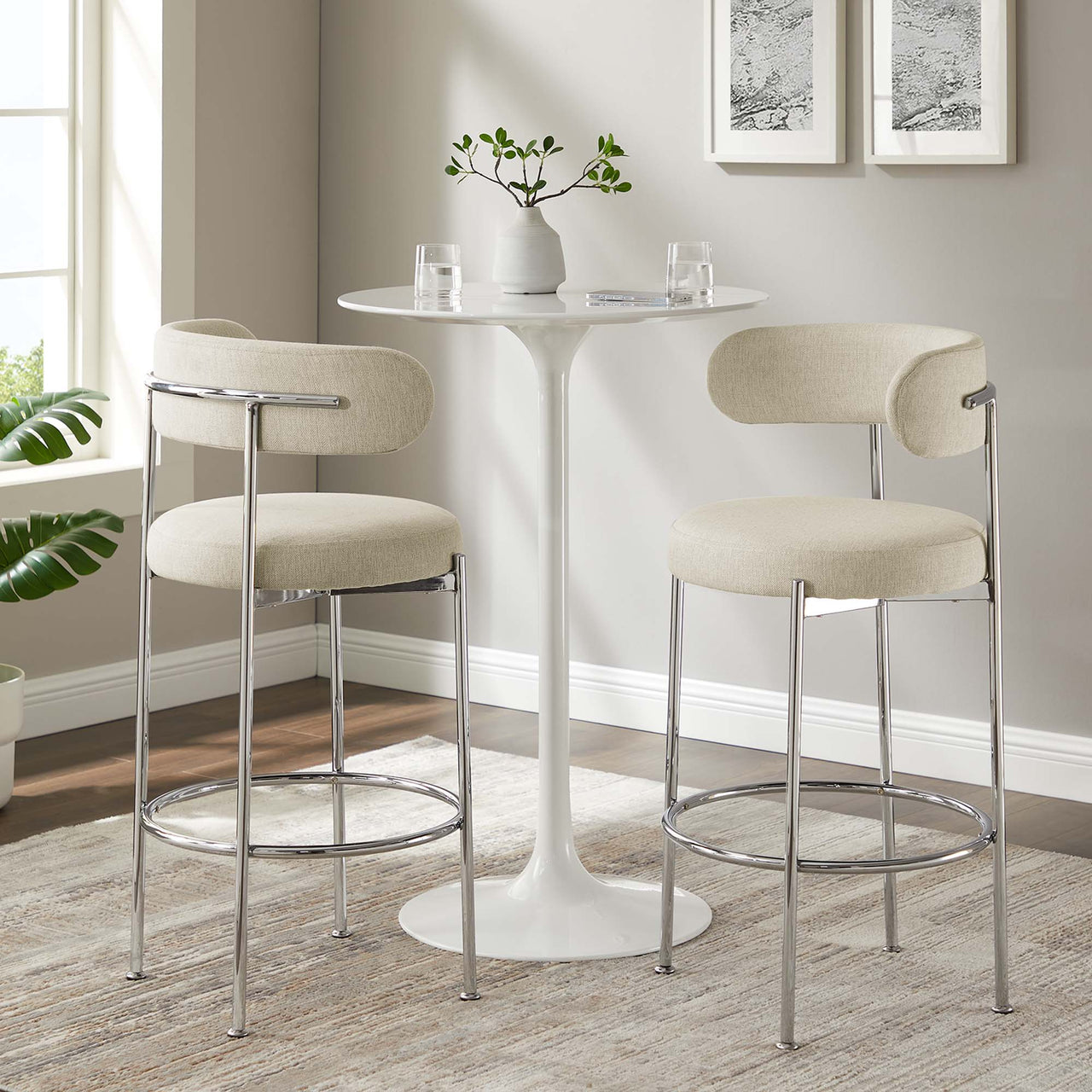 Cael Fabric Bar Stools Set of 2, Beige & Silver