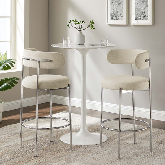Cael Fabric Bar Stools Set of 2, Beige & Silver