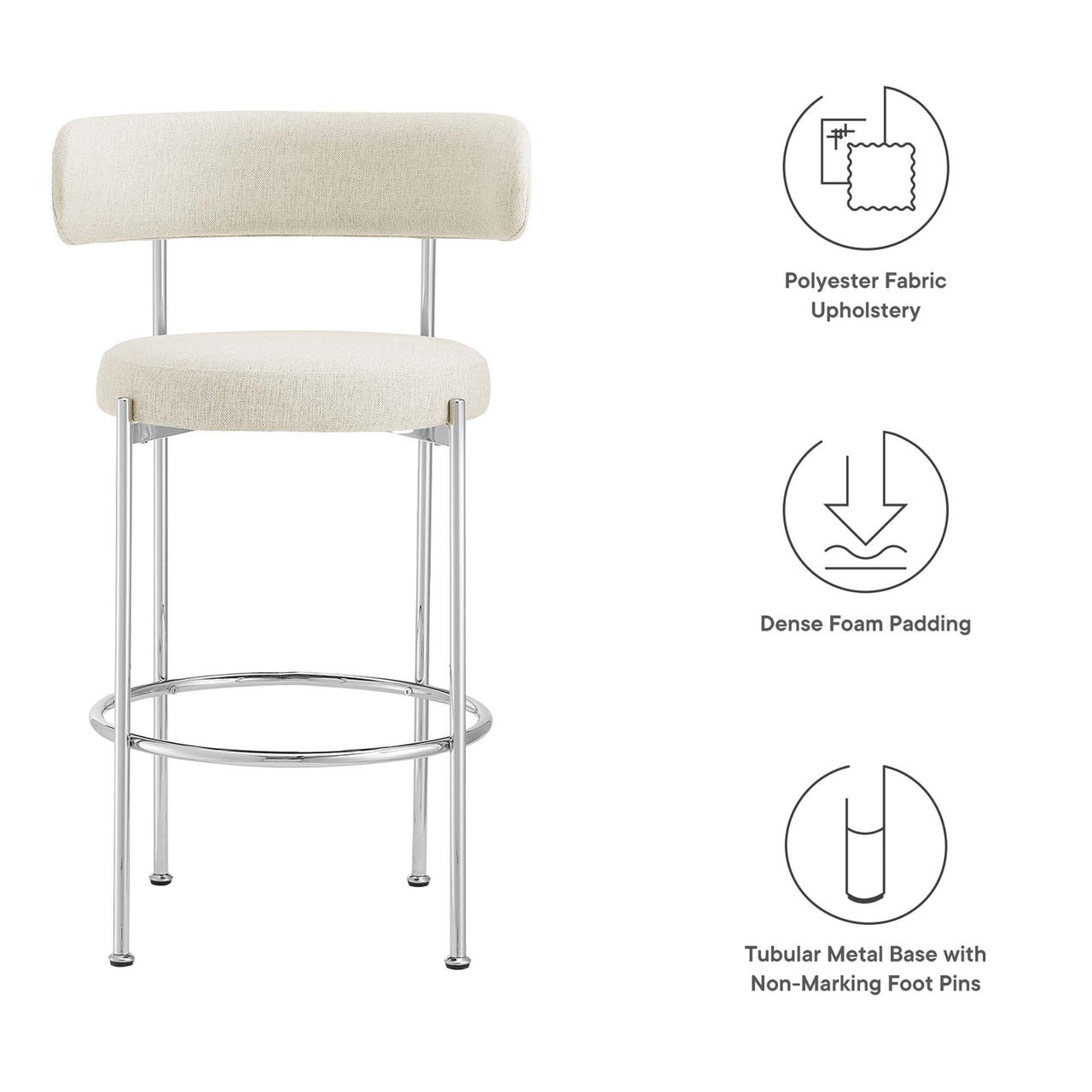 Cael Fabric Bar Stools Set of 2, Beige & Silver