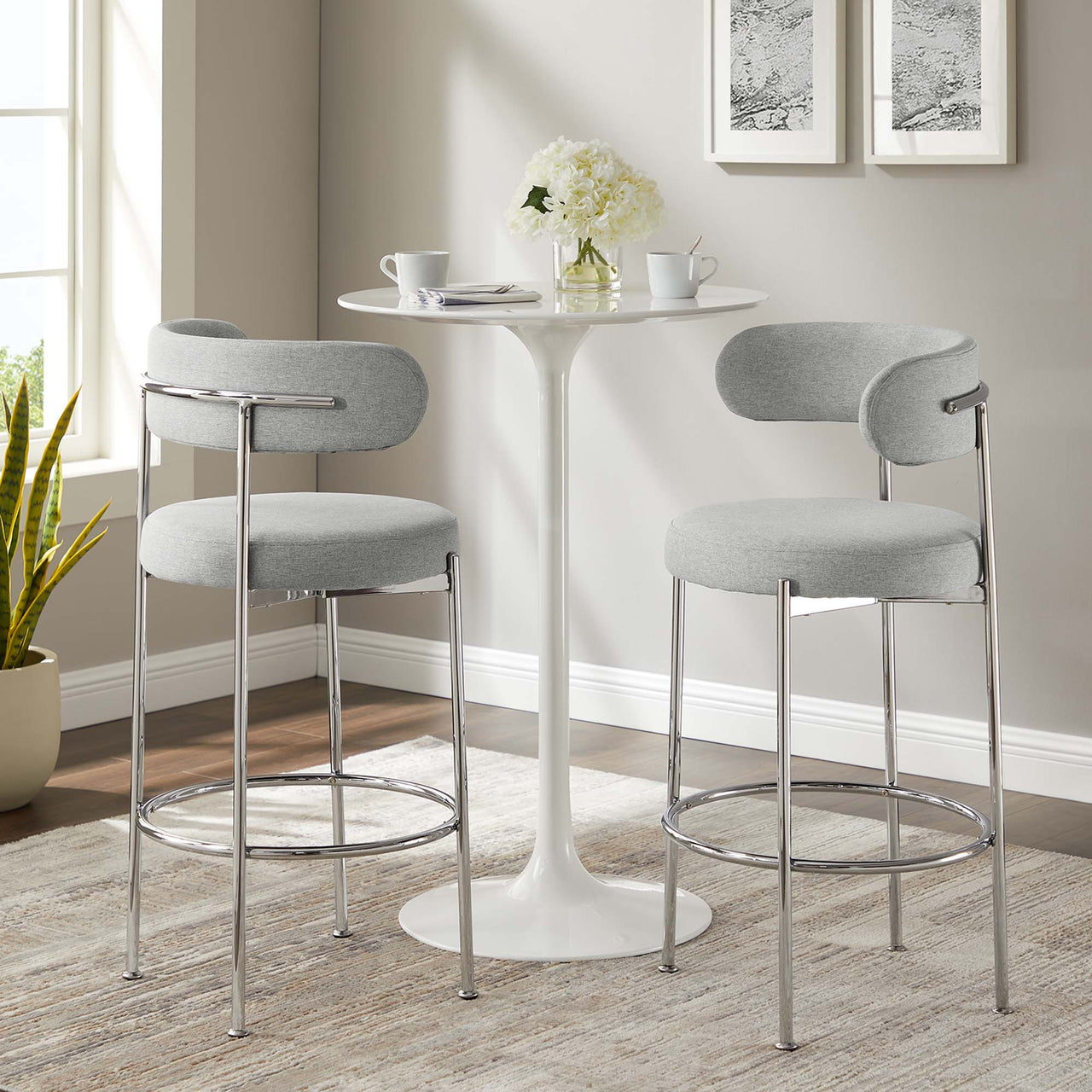 Cael Fabric Bar Stools Set of 2, Gray & Silver